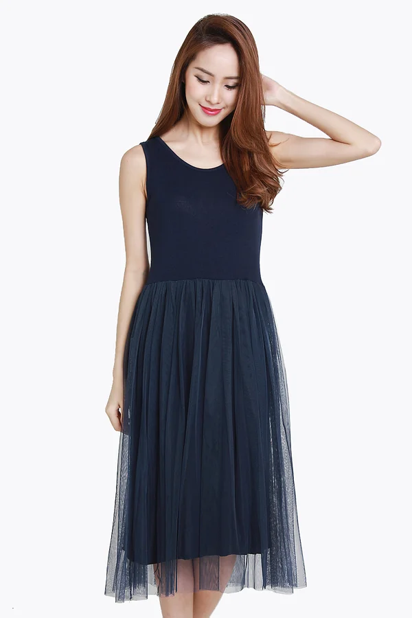 *RESTOCKED* Intuitively Attuned Tulle Midi Dress Midnight Blue